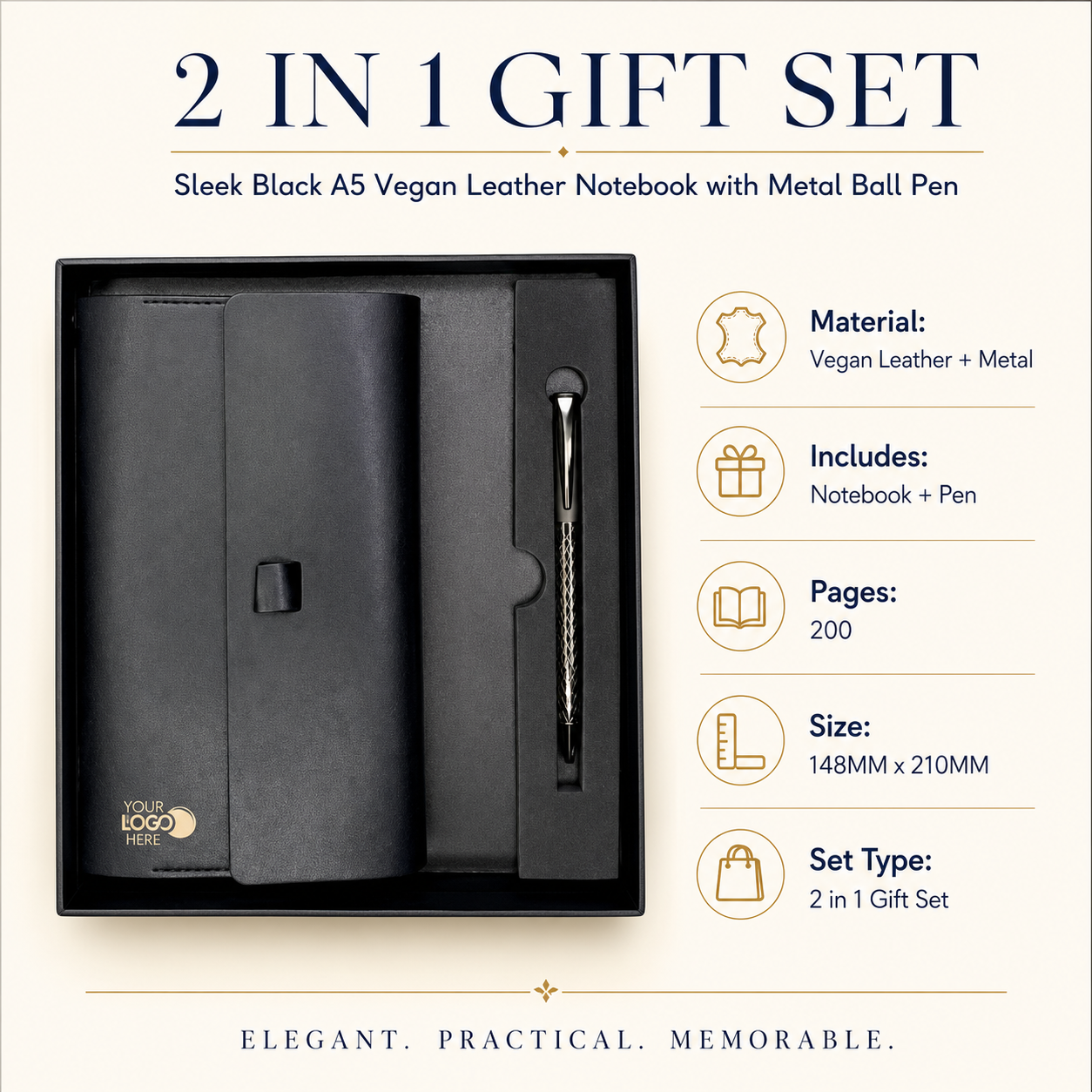 Premium A5 Vegan Leather Notebook & Textured Metal Pen Gift Set view 3