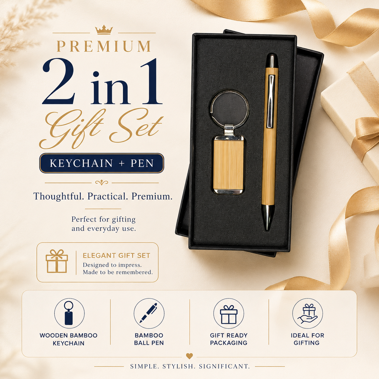 Rectangular Bamboo Keychain & Bamboo Pen Gift Set view 1