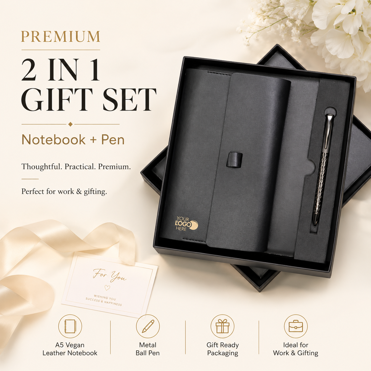 Premium A5 Vegan Leather Notebook & Textured Metal Pen Gift Set view 1