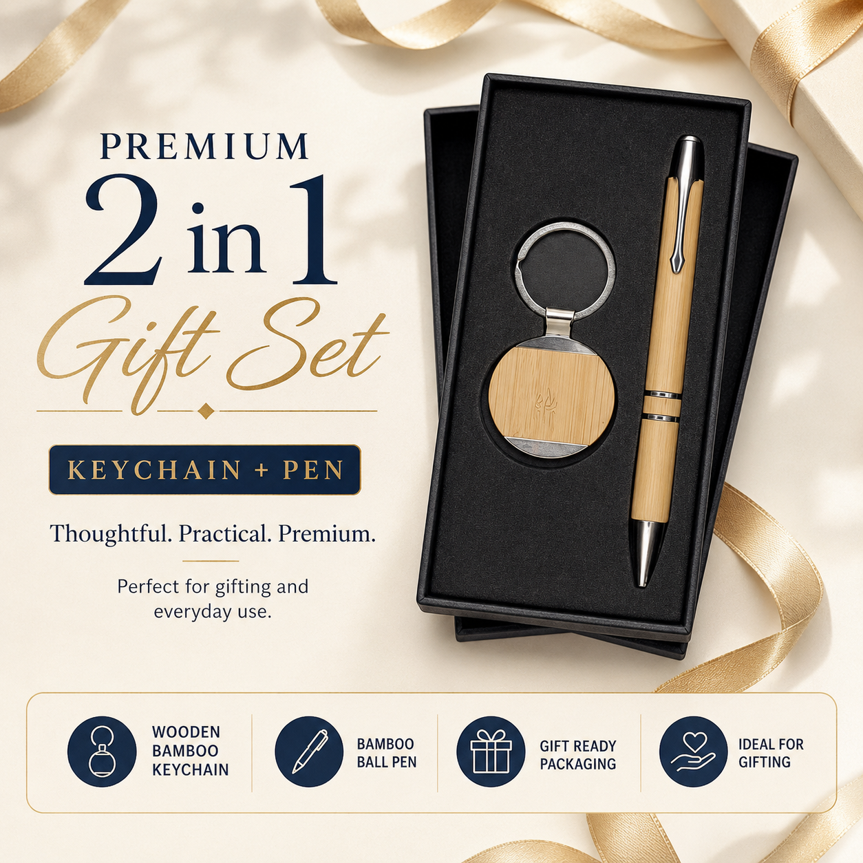 Round Bamboo Keychain & Bamboo Pen Gift Set view 1