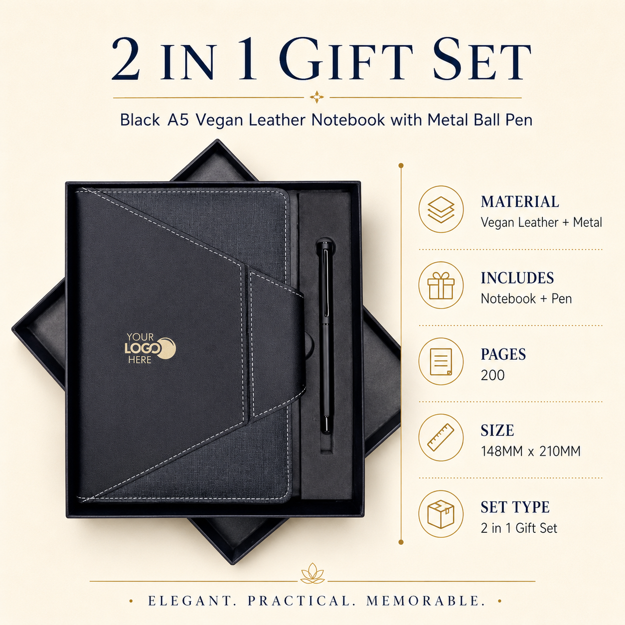 Black A5 Vegan Leather Notebook & Metal Pen Gift Set view 2