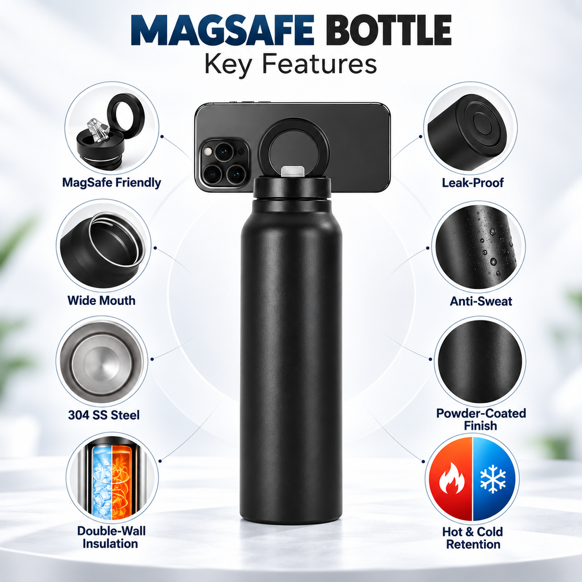 Magsafe Bottle Smart Magnetic Insulated Bottle front view