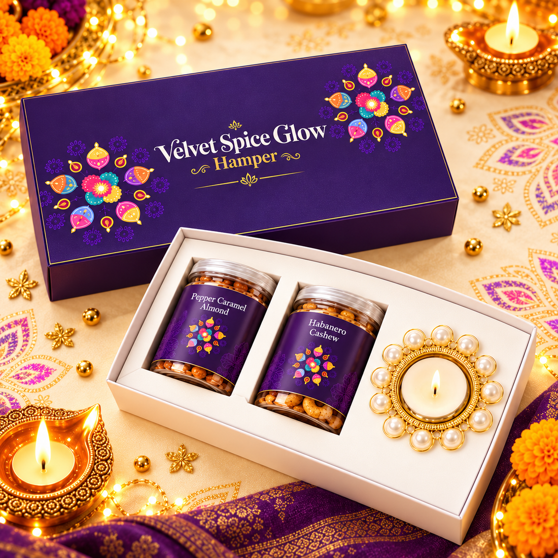 Velvet Spice Glow Hamper purple gift box with the open tray