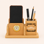 Wooden Desk Organizer with Clock & Pen Holder